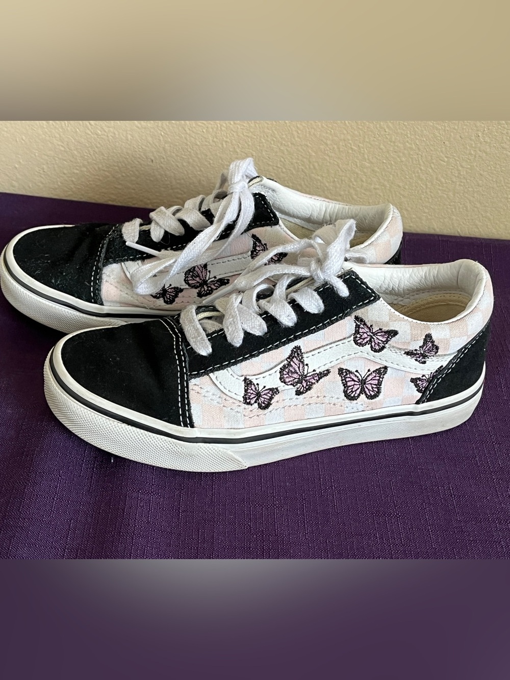 Vans Old Skool Kids Butterfly Pink Checkerboard Skate Shoes Sneaker Sz 2